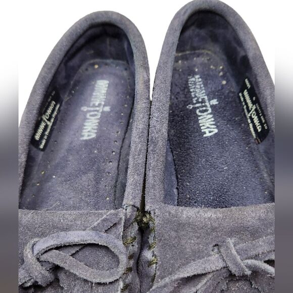 Minnetonka Moccasin Shoes Women's Kilty Hardsole Suede Blue Flat Tassel Bow 6 - Picture 11 of 12
